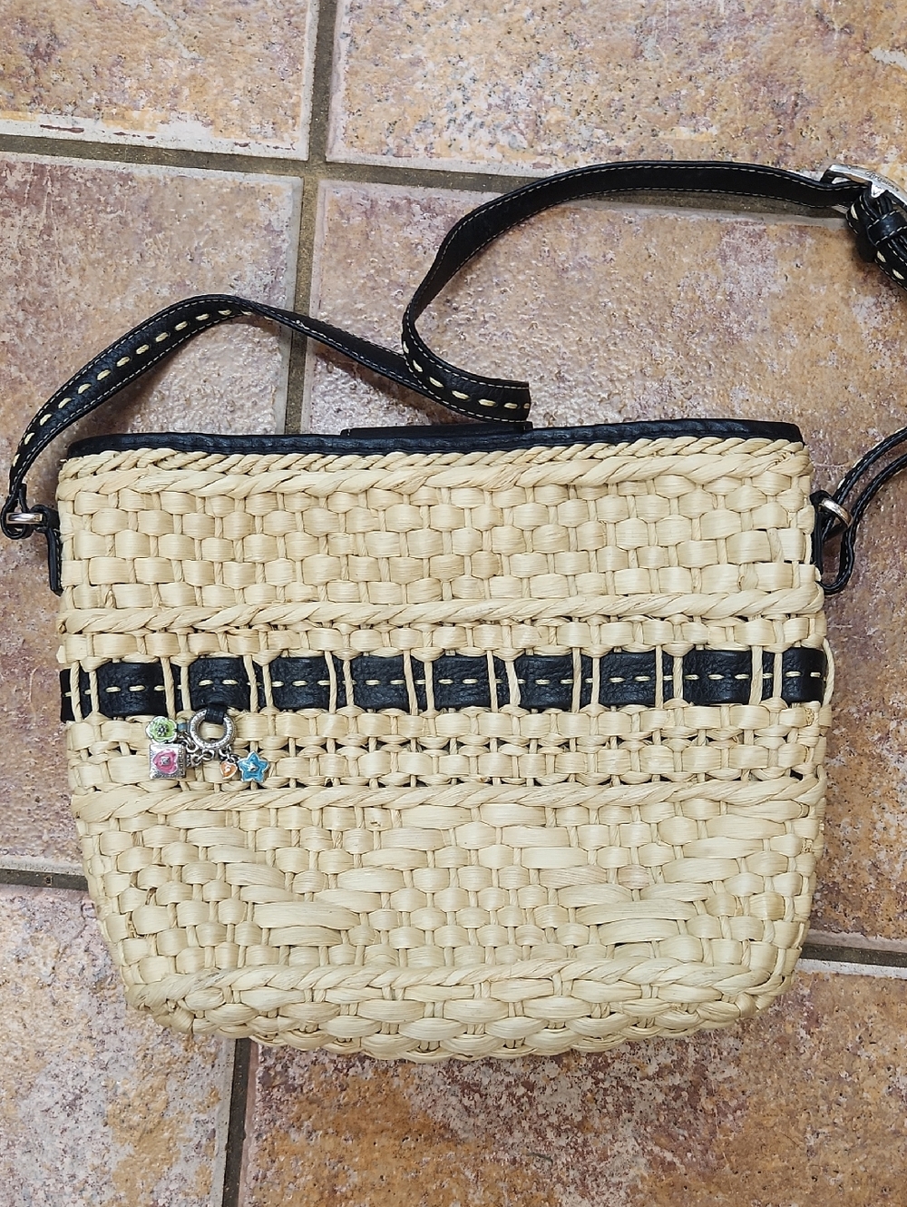 Brighton Straw Woven  Bag with Black Trim
